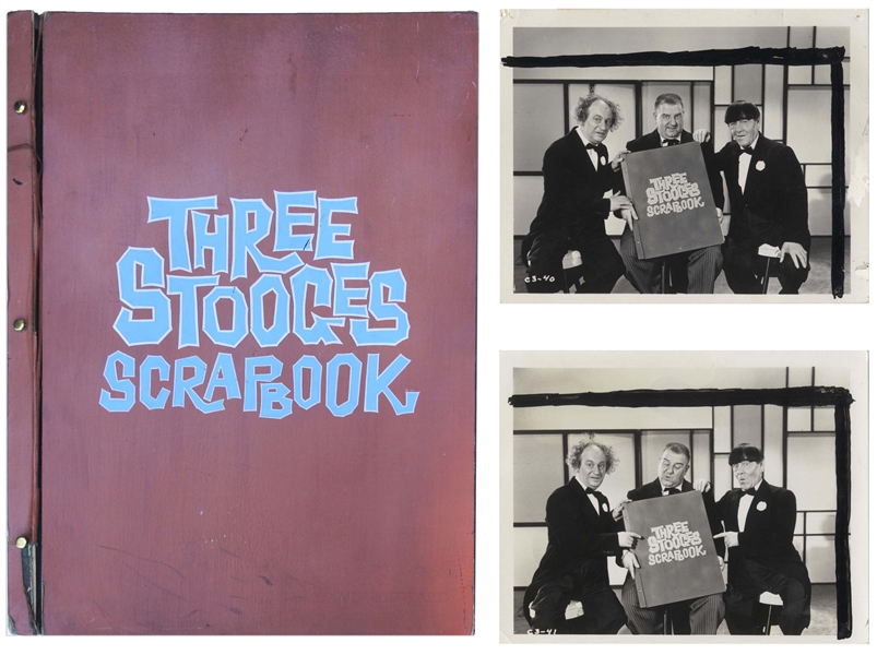 Moe Howard's ''Three Stooges Scrapbook'' & 2 Photos of the Stooges Holding Up one of the Scrapbooks on Their Show -- 17.5'' x 24.5'' Empty Book Has Moe's Name Stamped at Lower Right -- Damage to Spine